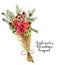 Watercolor christmas bouquet. Vintage floral composition with christmas tree branches, bells, holly, mistletoe