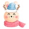 Watercolor christmas bunny head clipart with blue beanie hat and pink scarf