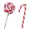 Watercolor Christmas candies. Hand painted candy cane and striped peppermint lollipop isolated on white background