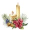 Watercolor Christmas candles with holiday decor. Hand painted floral composition with leaves, poinsettia, bells, juniper