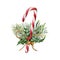 Watercolor Christmas Cane with decor. Hand painted traditional candy with christmas plant: holly, mistletoe, bells