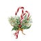 Watercolor Christmas Canes with decor. Hand painted traditional candy with christmas plant: holly, mistletoe, bells