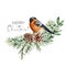 Watercolor Christmas card with bullfinch and floral decor. Hand painted bird, pine cones, fir and eucalyptus branches