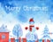 Watercolor Christmas card with snowman, santa claus house, christmas tree, hoar frost tree, merry christmas lettering