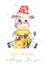 Watercolor Christmas card with the symbol of 2021. Cute bull with gifts and Santa Claus hat