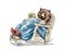 Watercolor Christmas cartoon bear in clothes sleep in armchair