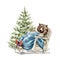 Watercolor Christmas cartoon bear in clothes sleep in armchair near the Christmas tree