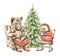 Watercolor Christmas cartoon dad boar, piglets and hedgehog in clothes reading book near Christmas tree