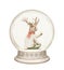 Watercolor Christmas cartoon deer in clothes holding glass of champagne in snow globe