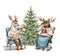 Watercolor Christmas cartoon deer and moose in clothes eat and drink in armchair near the Christmas tree