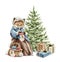 Watercolor Christmas cartoon fox in clothes knits Christmas socks near the tree