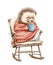 Watercolor Christmas cartoon hedgehog in knitted blanket drink tea in armchair