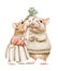 Watercolor Christmas cartoon pair of mice in clothes kissing under the mistletoe