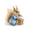 Watercolor Christmas cartoon squirrel in dress clothes open present box