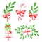 Watercolor Christmas clipart set with mistletoe leaves, candy cane, gift boxes and ribbon bow. Hand painted elements