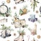 Watercolor Christmas clock seamless pattern. Vintage illustration with envelope, candle and skates isolated on white