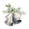 Watercolor Christmas composition with silver bow and bells. Hand painted holiday decor with fir branch isolated on white