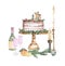 Watercolor christmas compositions with cake champagne oranges candle