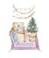 Watercolor christmas compositions with chair christmas tree garlands