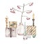 Watercolor christmas compositions with vase branches xmas ball envelope candle gifts