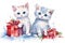 Watercolor Christmas cute couple kittens on white background