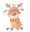 Watercolor Christmas Cute deer in a hat and scarf. Cartoon illustration isolated