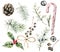 Watercolor Christmas decor with candy cane. Hand painted cane, pine cone, bells, fir branch, holly, bow and juniper