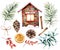 Watercolor Christmas decor set with ceramic house. Hand painted fir branches and cones, cinnamon, barberry, eucalyptu