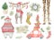 Watercolor Christmas decor set with moose, polar bear, giraffe legs, car with presents, pine tree, clock, letter and socks.