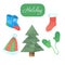 Watercolor Christmas decorations set with hat, socks, mittens and Christmas tree. Illustration for holiday design isolated on a