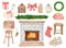 Watercolor Christmas elements set. Winter home scene creator. Hand drawn fireplace, christmas toys, gift boxes, stocking