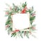 Watercolor Christmas frame with fir branches, leaves, foliage, poinsettia. Winter greenery banner for christmas card