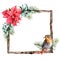 Watercolor Christmas frame with floral decor and robin. Hand painted wood branch with poinsetiia, eucalyptus leaves