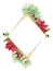 Watercolor Christmas frame with golden glitter. Rhomb template with red poinsettia flower, pine tree, place for text and