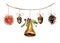 Watercolor christmas garland with bell, acorn, pine cone and orange