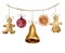 Watercolor christmas garland with gingerbread man, ball, bell and orange. Party illustration for design, background or