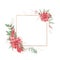 Watercolor Christmas golden frames with flowers roses and poinsettia. Holiday decor elements for the New Year