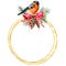 Watercolor Christmas golden wreath with bullfinch and winter design. Hand painted bird with pine cones, red bow, berries