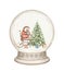 Watercolor Christmas hedgehog drink tea in armchair, gift box and Christmas tree in snow globe