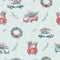 Watercolor christmas holiday seamless pattern with red and green transportation illustration. Merry Xmas auto winter