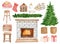 Watercolor Christmas home decoration set. Hand drawn fireplace, christmas tree, gift boxes, stocking, candle, firewood
