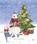 Watercolor Christmas illustration with Christmas tree, presents, colorful bear and ski dancing hare on icy-blue watercolor