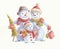 Watercolor Christmas illustration with cute snowmen, Christmas tree and gifts. Family on white background
