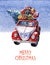 Watercolor Christmas illustration with Santa Claus driving red car packed with presents and Christmas tree. Christmas cards.