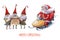 Watercolor Christmas illustration with Santa Claus on yellow snowmobile and dwarfs singing. Christmas cards. Winter design. Merry