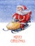 Watercolor Christmas illustration with Santa Claus on yellow snowmobile on icy-blue watercolor background. Christmas cards. Winter