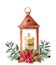 Watercolor Christmas lantern with candle and decor. Hand painted traditional lantern with christmas plant isolated on