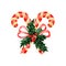 Watercolor Christmas lollipop stick with red bow ribbon, holly leaves and red berries.