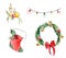 Watercolor Christmas mini setof decorations, candles, bells, wreath, garland.