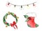 Watercolor Christmas mini setof decorations, candles, bells, wreath, garland.